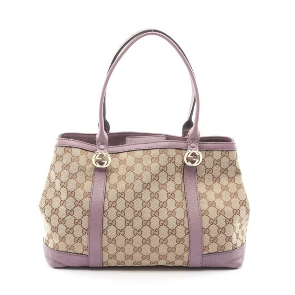 Gucci Miss GG Canvas Tote Bag Leather Beige Cream Purple